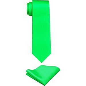 Men's Neon Green Solid Color Imported Formal Neck Ties And Pocket Square Sets